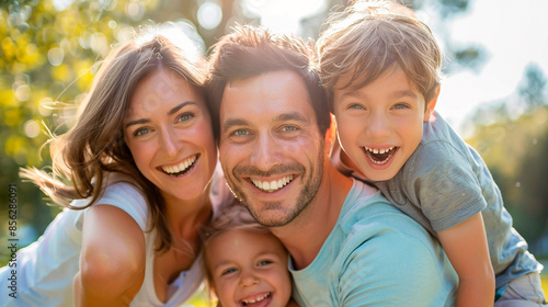 A happy family of four smiling and posing outdoors in a sunny park