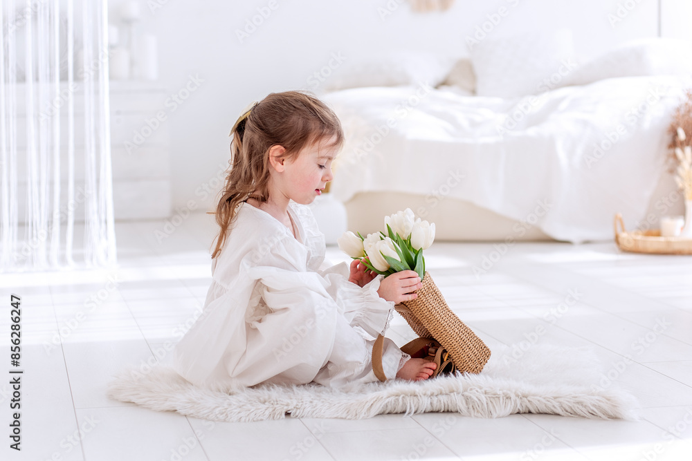 Little girl sits on floor in white Boho minimalist interior. Toddler in dress, nightie holds bouquet of spring tulips in hands, hugs, smells flowers. Airy, light filled space. Pampas grass decor Little girl sits on floor in white Boho minimalist interior. Toddler in dress, nightie holds bouquet of spring tulips in hands, hugs, smells flowers. Airy, light filled space. Pampas grass decor