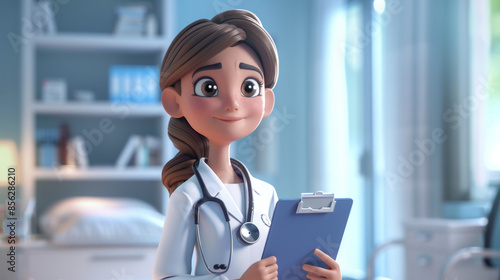 3D illustration of a cartoon nurse standing in a white coat with a stethoscope around her neck