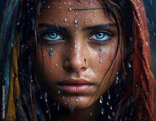 Monsoon Mystique: Blue-Eyed Indian Beauty in the Rain