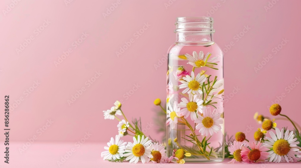 Natural herbal cosmetics with chamomile in glass bottle with flowers pink background Top view Natural herbal cosmetics with chamomile in glass bottle with flowers pink background Top view