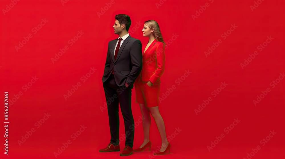 Confident business partners, a man and a woman, posing in formal suits against a red background. Confident business partners, a man and a woman, posing in formal suits against a red background.