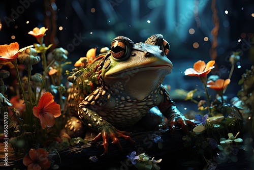 Nocturnal Frogs Amid Glowing Lilies In Misty Waters., generative IA photo