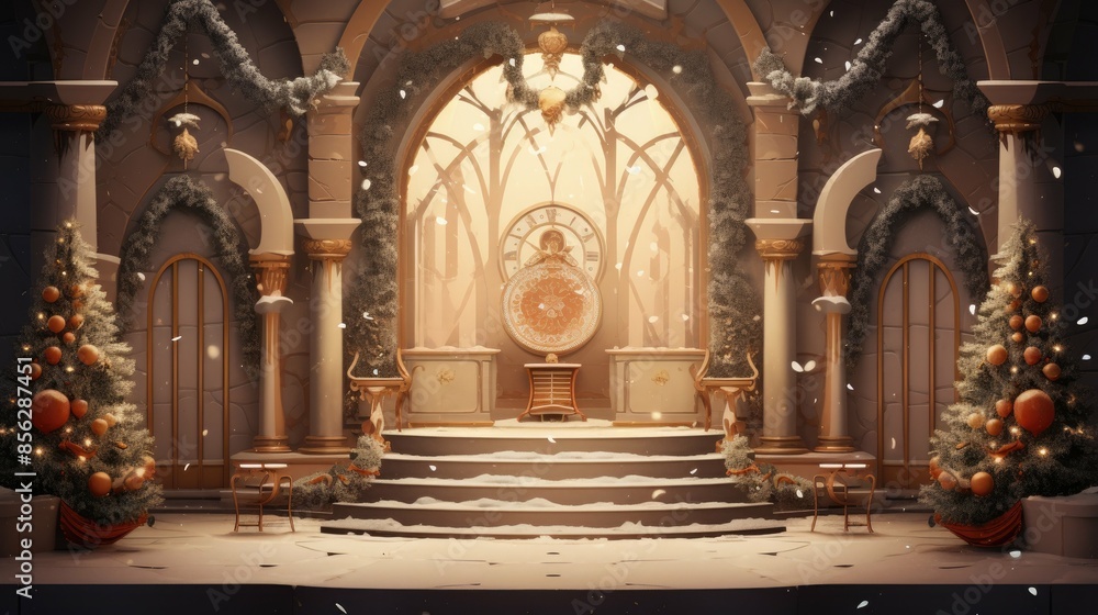 Fototapeta premium The image is a beautiful depiction of a winter wonderland. The snow-covered landscape is dotted with pine trees and decorated with twinkling lights.