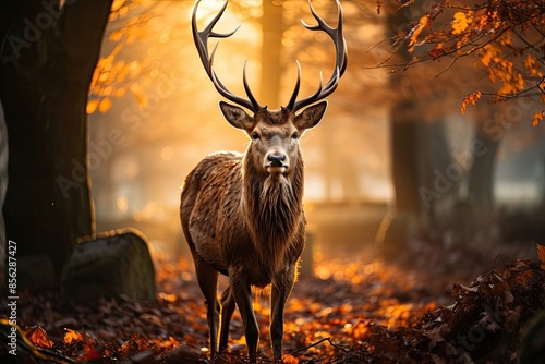 Majestic deer in an autumn environment, surrounded by gold leaves., generative IA © JONATAS