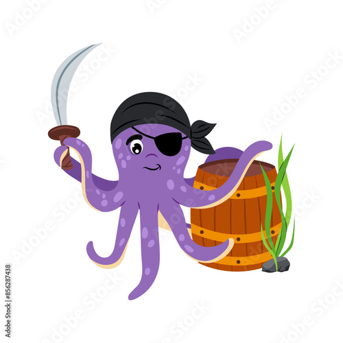 Octopus pirate in flat style on a white background. Sea creatures. Cartoon octopus with a saber in a pirate bandana.