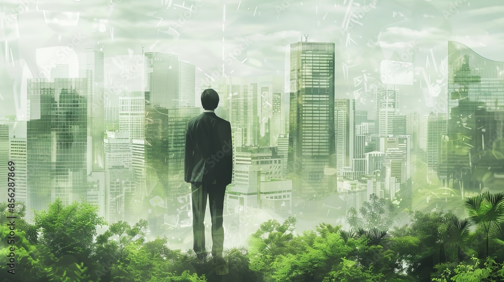 Fototapeta premium Green Urban Dreams A Visionary Businessperson Contemplating a Sustainable Cityscape of Tomorrow in Shades of Green