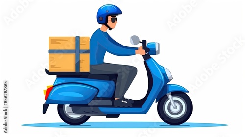 Delivery man riding scooter. Online shopping and home delivery service concept. Vector illustration.