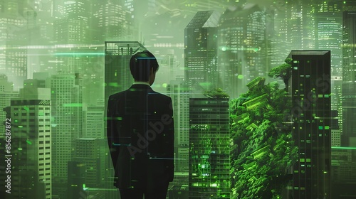 Green Urban Dreams A Visionary Businessperson Contemplating a Sustainable Cityscape of Tomorrow in Shades of Green