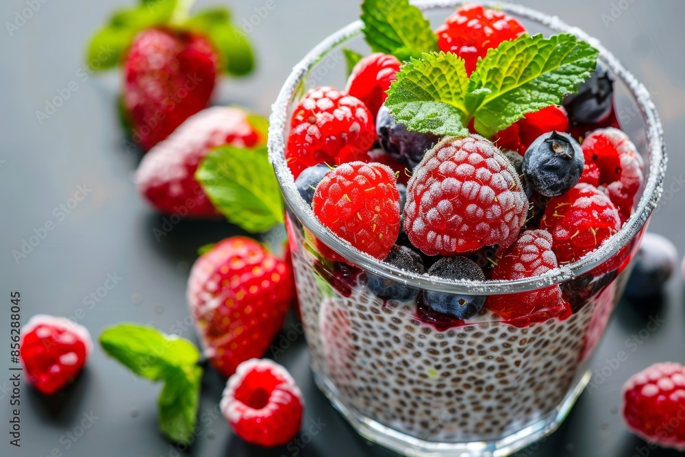 Healthy vanilla chia pudding in a glass with fresh berries