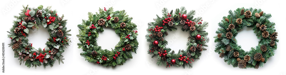 Christmas wreath set with c decortions on white background Christmas wreath set with c decortions on white background