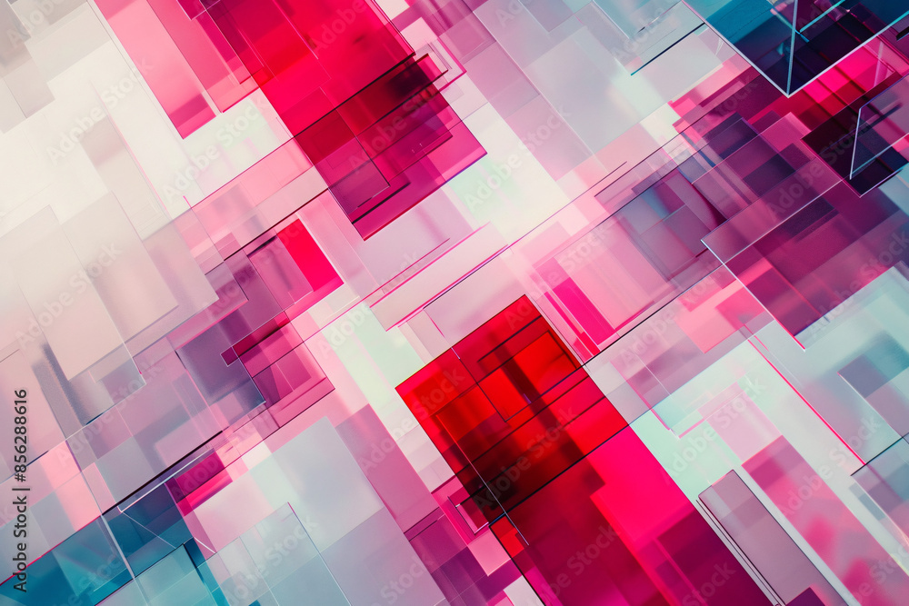 Colorful overlapping geometric shapes in shades of red and pink create a dynamic abstract composition