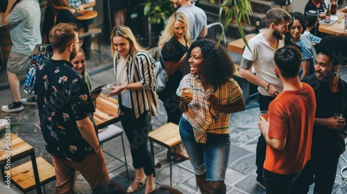 A group of diverse young professionals are standing around talking and laughing at a happy hour after work. AIG535 photo