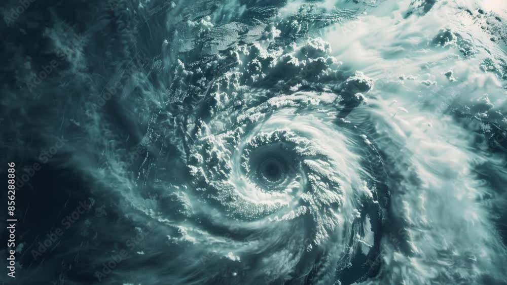 aerial view of hurricane or cyclone. swirling clouds and well-defined eye at center of storm, showcasing powerful and turbulent nature aerial view of hurricane or cyclone. swirling clouds and well-defined eye at center of storm, showcasing powerful and turbulent nature