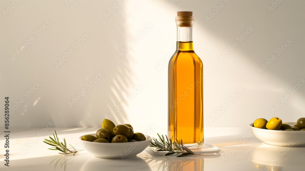 Olive oil bottle with two bowls of olives and rosemary Olive oil bottle with two bowls of olives and rosemary