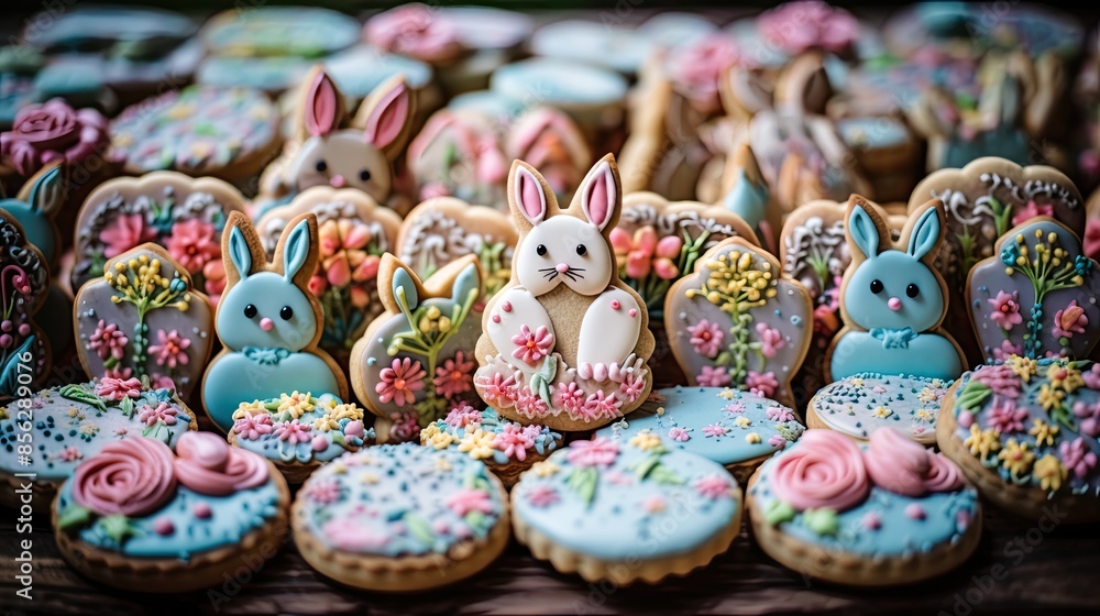 A variety of Easter-themed cookies, including bunnies, flowers, carrots, and eggs. The cookies are iced in pastel colors and decorated with sprinkles. A variety of Easter-themed cookies, including bunnies, flowers, carrots, and eggs. The cookies are iced in pastel colors and decorated with sprinkles.
