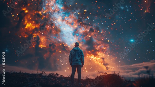 A lone person stands in awe as they gaze up at a stunning night sky, illuminated by countless stars and a shimmering galaxy.