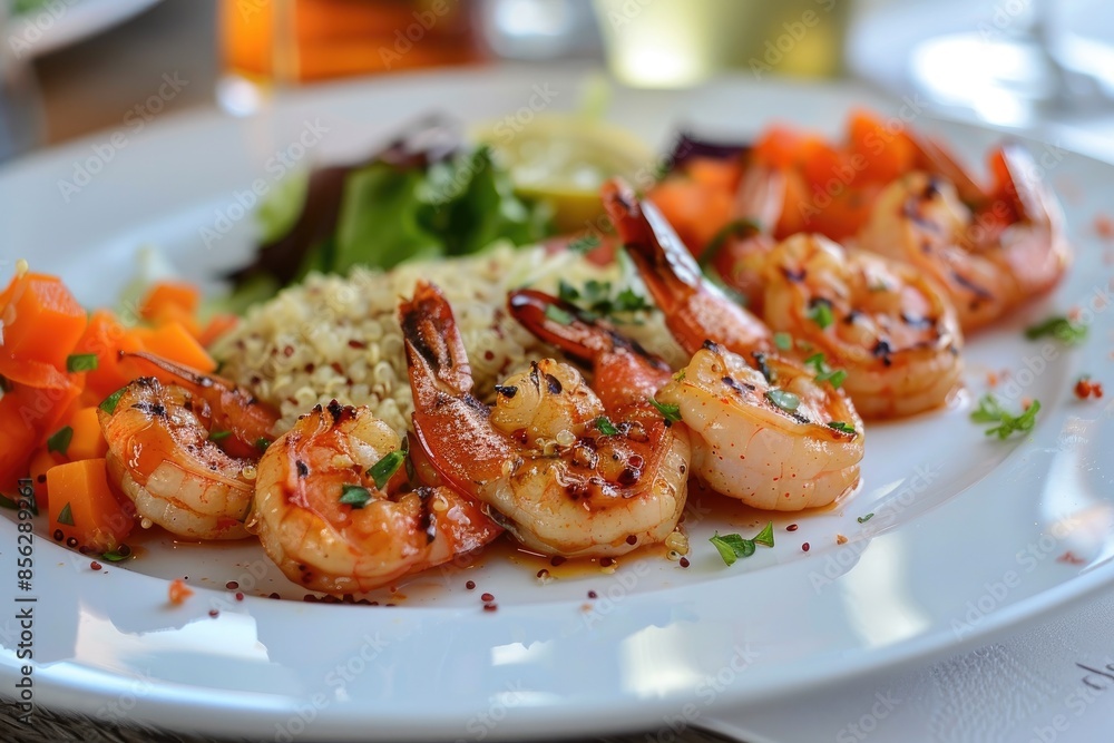 A beautifully arranged plate of grilled shrimp with a side of quinoa and vegetables A beautifully arranged plate of grilled shrimp with a side of quinoa and vegetables