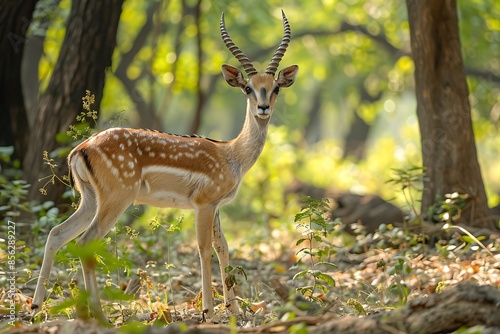 Young Indian bennetti gazelle or chinkara walking and grazing in the forest of Rathnambore National Park. Tourism elecogy environment background. photo