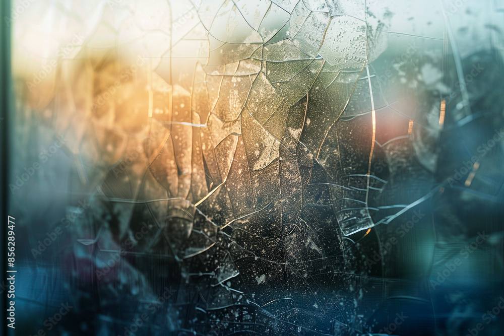 Naklejka premium Close-up of cracked glass with light reflections and a blurred background, creating a delicate and abstract visual effect.