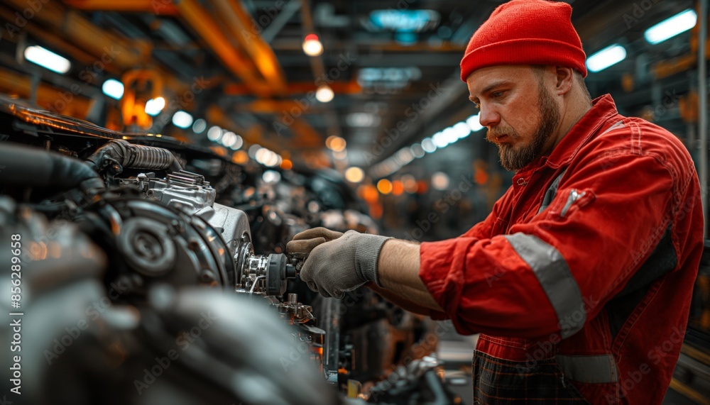 A man with a beard and red beanie is meticulously adjusting complex machinery within a factory setting A man with a beard and red beanie is meticulously adjusting complex machinery within a factory setting