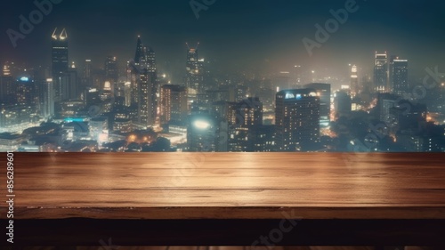 Wooden tabletop with blurred cityscape background. An image of table in front of urban city in night time with glowing light. Mockup concept with copy space for advertising and product display. AIG35.