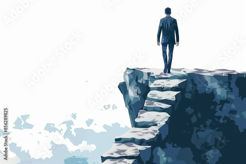 Man in suit walking up stone stairs on a cliff