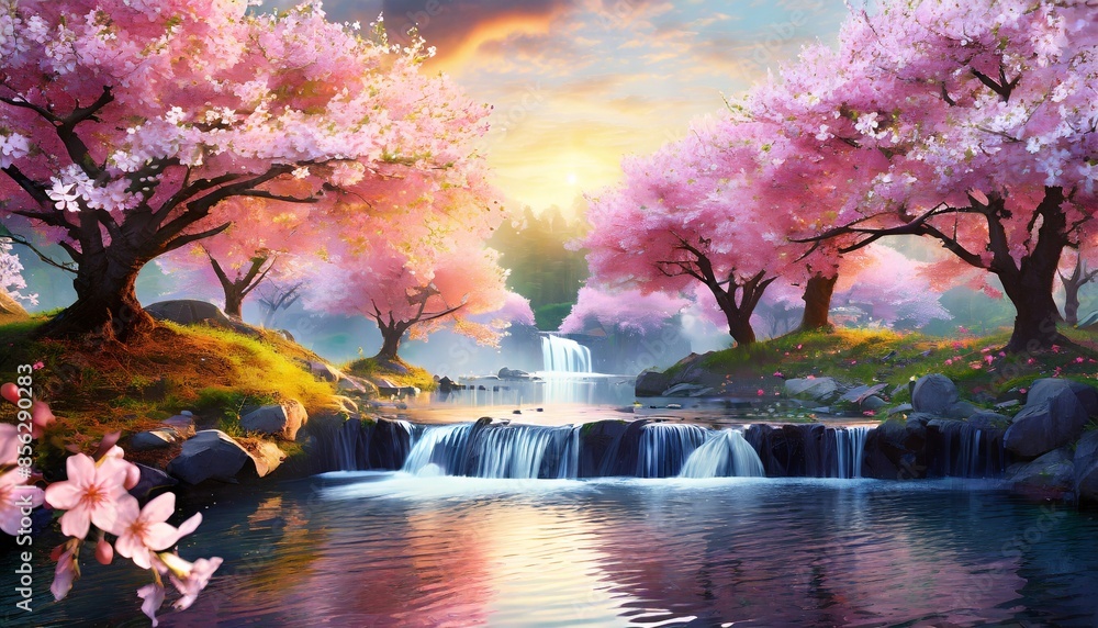 sakura forest with river in the middle sakura forest with river in the middle