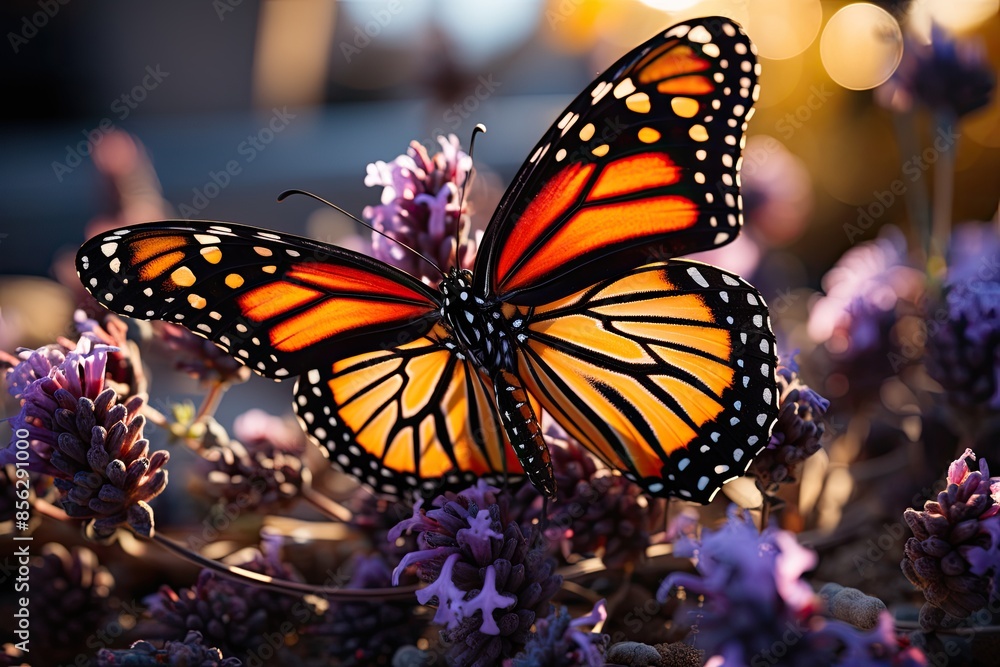 Fototapeta premium Monarch butterfly lands on vibrant lavender flower., generative IA