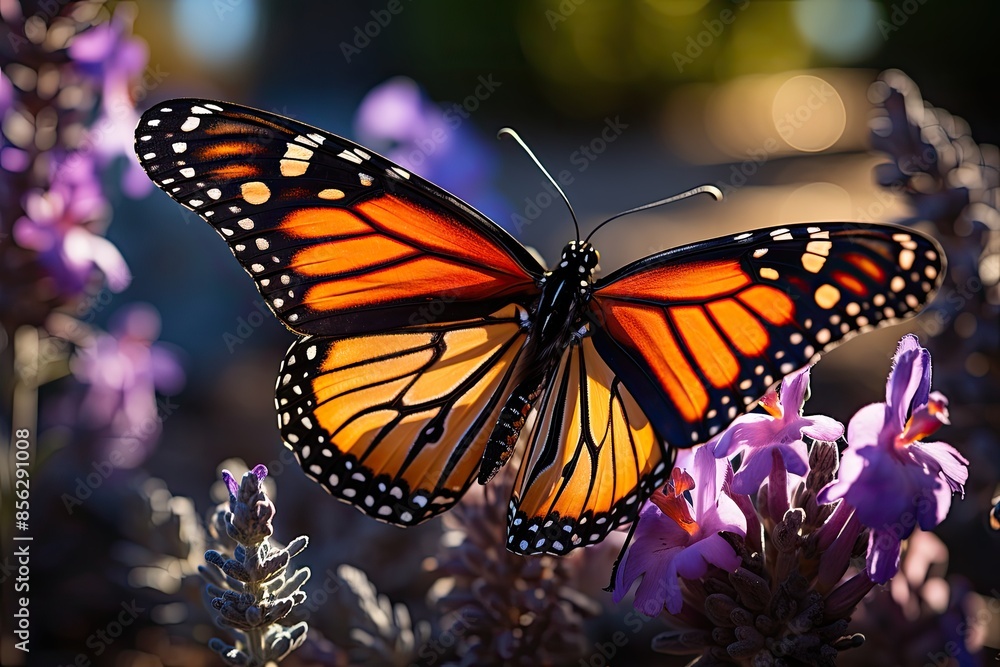 Fototapeta premium Monarch butterfly lands on vibrant lavender flower., generative IA