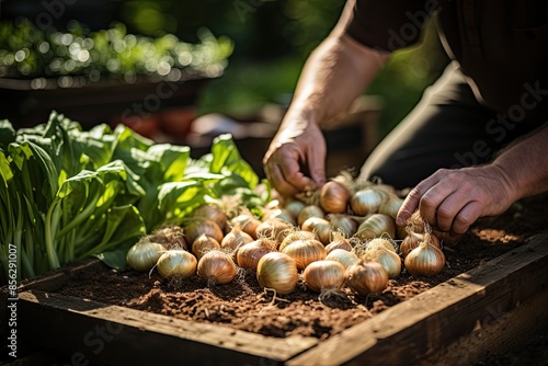 Person reaping fresh onions in sunny garden., generative IA photo