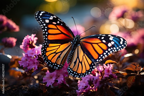 Monarch butterfly lands in vibrant flowers., generative IA