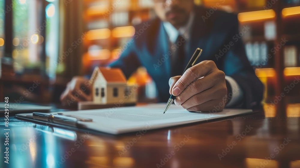 Real Estate Investment Businessman Signing Mortgage Agreement with House Model on Desk in Professional Office Setting Real Estate Investment Businessman Signing Mortgage Agreement with House Model on Desk in Professional Office Setting