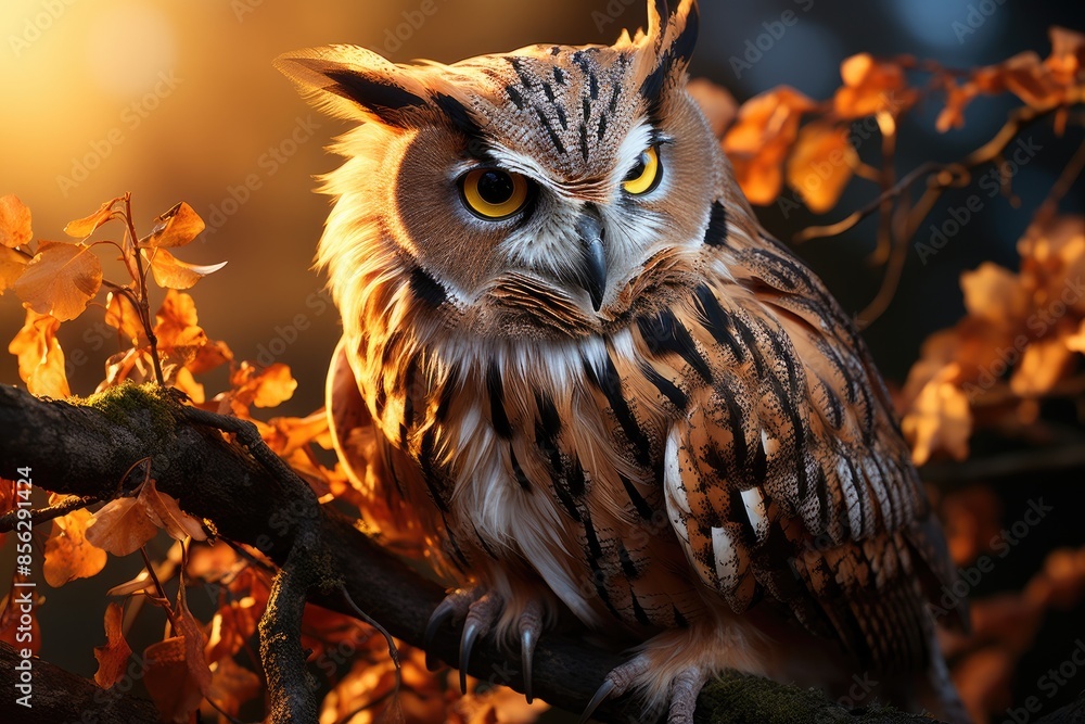 Majestic owl lands at dusk in serene scenario., generative IA Majestic owl lands at dusk in serene scenario., generative IA