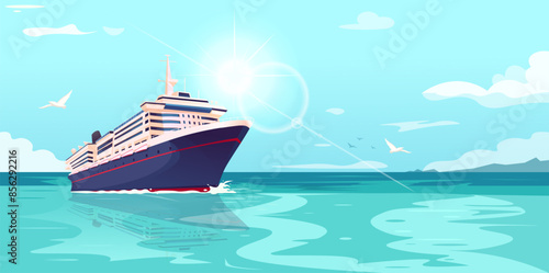 Cruise ship on the ocean with seagulls flying, in a vector illustration style, against a clear sky. Concept of travel and vacation. Vector illustration