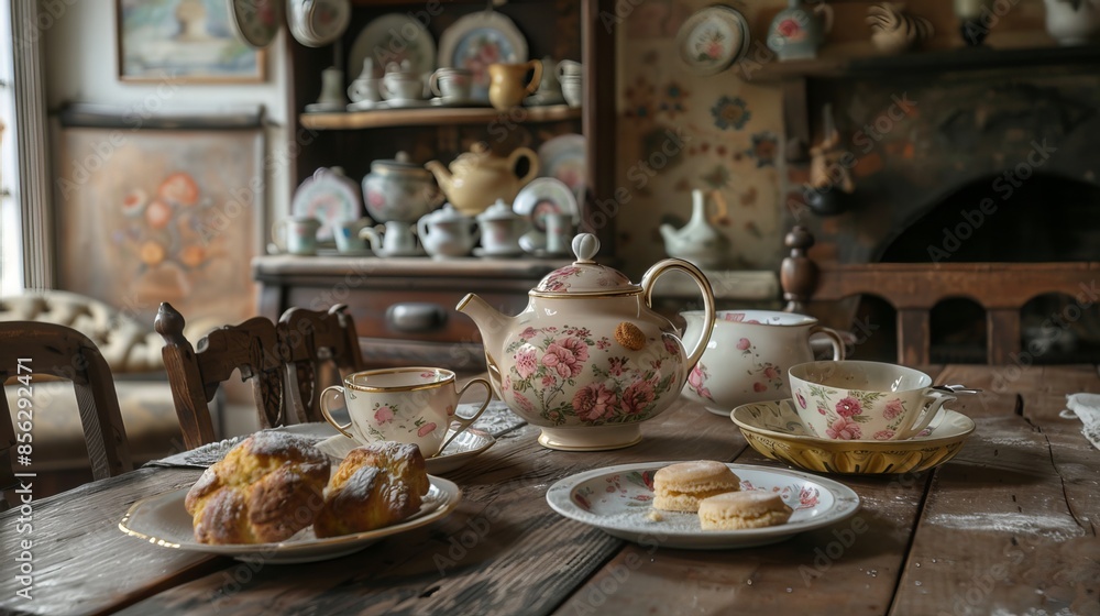 Fototapeta premium Teapot: A teapot stands on a rustic wooden table, surrounded by mismatched teacups and a plate of freshly baked scones, in a quaint English countryside kitchen