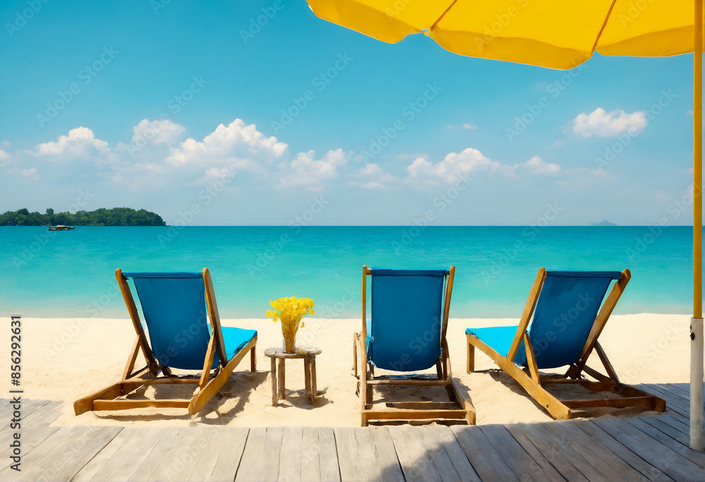 Sandy beach with umbrella and chair. Tropical holiday. Sandy beach with umbrella and chair. Tropical holiday.