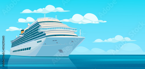 Illustration of a cruise ship on calm water, with a clear sky and clouds in the background. Concept of travel and vacations. Vector illustration