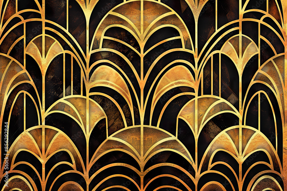 A gold and black patterned wallpaper with a gold leaf design