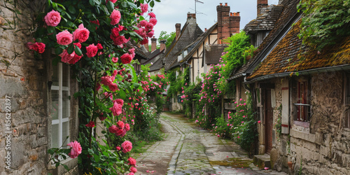 Fototapeta Naklejka Na Ścianę i Meble -  A picturesque cobblestone street in gerberoy, france, adorned with blooming roses