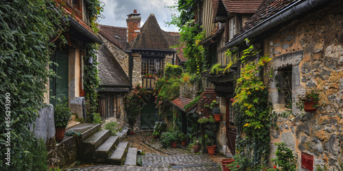 Fototapeta Naklejka Na Ścianę i Meble -  Stone buildings and cobblestone street in gerberoy, france