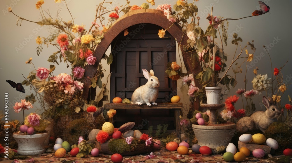 Easter still life with cute bunny, flowers and colorful eggs.