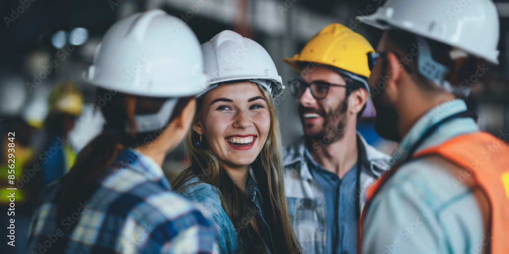 Happy engineer team greeting each other at a construction site Happy engineer team greeting each other at a construction site