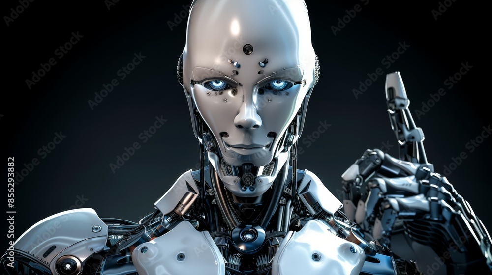 The robot thinks or analyzes. AI Assistant is deliberating on the best course of action. Background with copy space The robot thinks or analyzes. AI Assistant is deliberating on the best course of action. Background with copy space