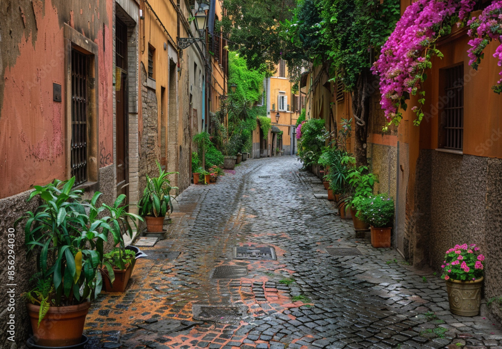 Fototapeta premium A picturesque alley with ancient buildings and greenery. The cobblestone street is lined with historic architecture, while ivy-covered walls add to the quaint charm of the scene, Generative Ai 