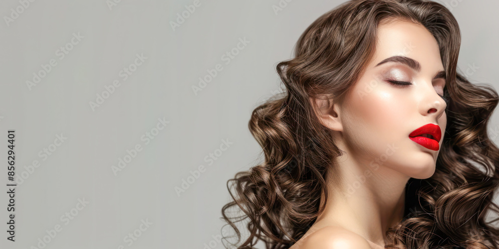 Naklejka premium Elegant woman with wavy hair and bold red lips in a close-up portrait on a gray background with copy space.