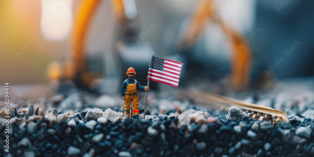 Miniature worker holding american flag on gravel background Miniature worker holding american flag on gravel background