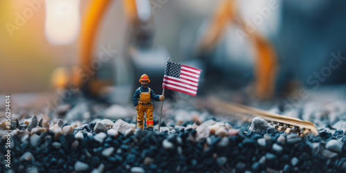 Miniature worker holding american flag on gravel background photo