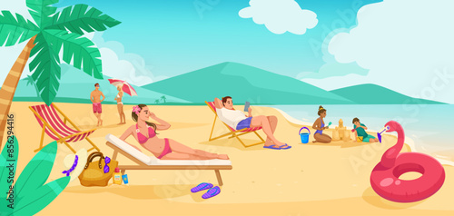 People enjoying a sunny beach with hills in the background. Vector illustration