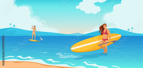 Women paddleboarding in the sea, colorful illustration, with a tropical backdrop. Concept of water sports and leisure. Vector illustration